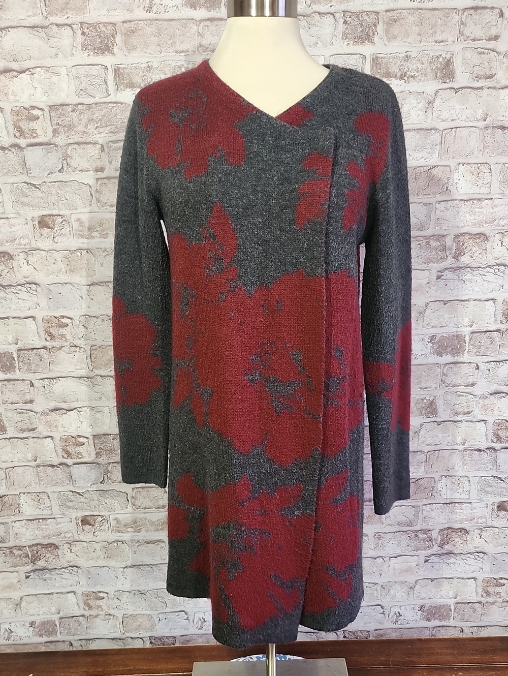 Hannah Charcoal Gray Sweater with Red Accents